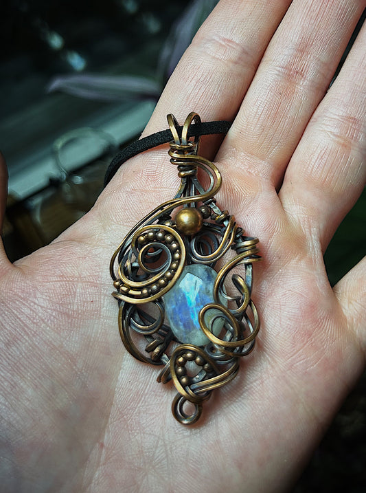 Faceted Moonstone Wrapped in Antiqued Copper and Accented with Copper Beads