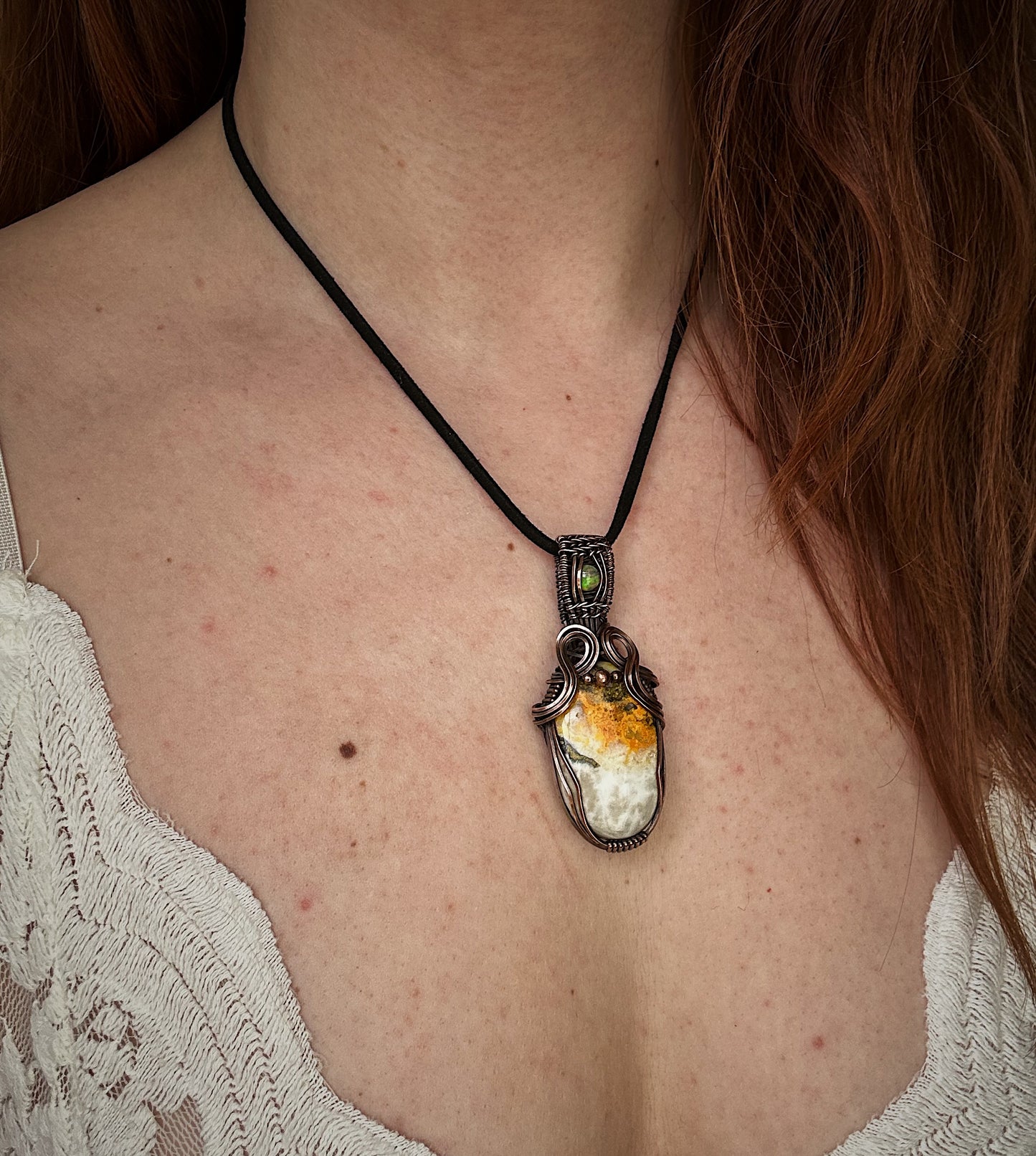 Antiqued copper bumblebee jasper and opal pendant
