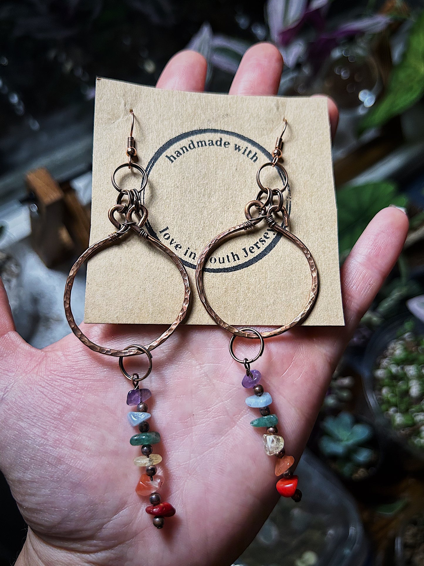 Hammered Dangle Copper Earrings with Rainbow Variety of Stones.