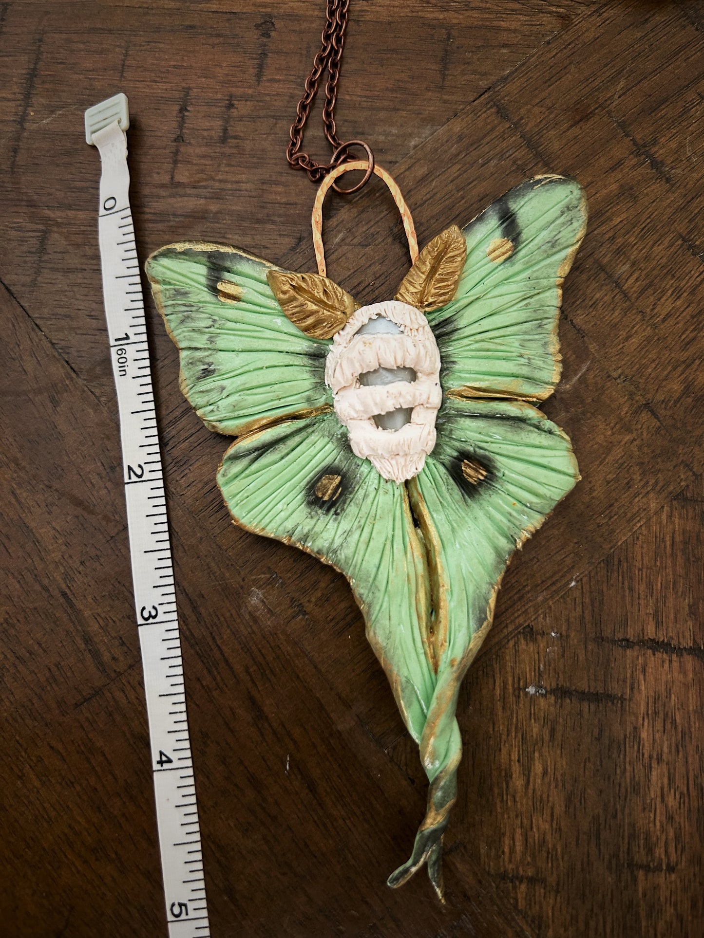 Luna moth hand sculpted clay pendant with selenite.