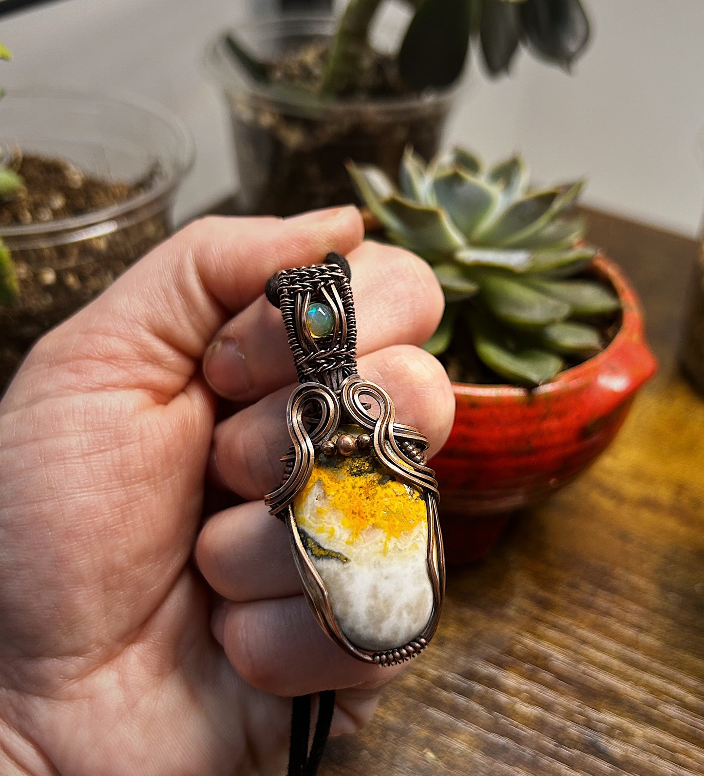 Antiqued copper bumblebee jasper and opal pendant