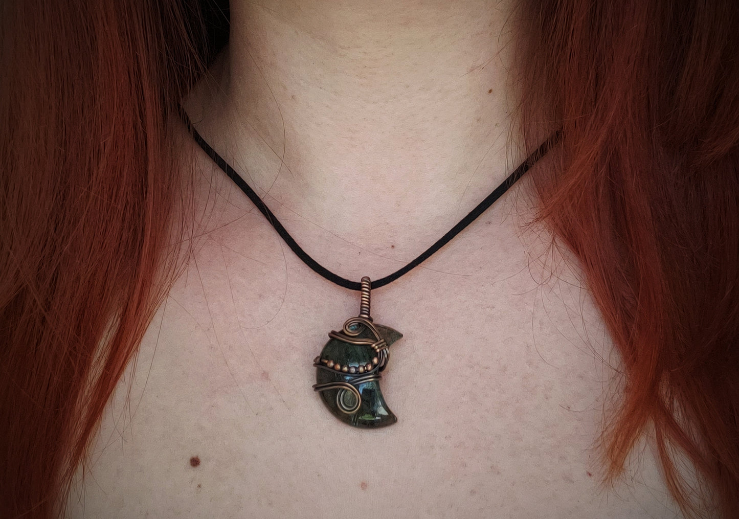 Moon Shaped Labradorite Stone Wrapped in Oxidized Copper and Copper Bead Accents