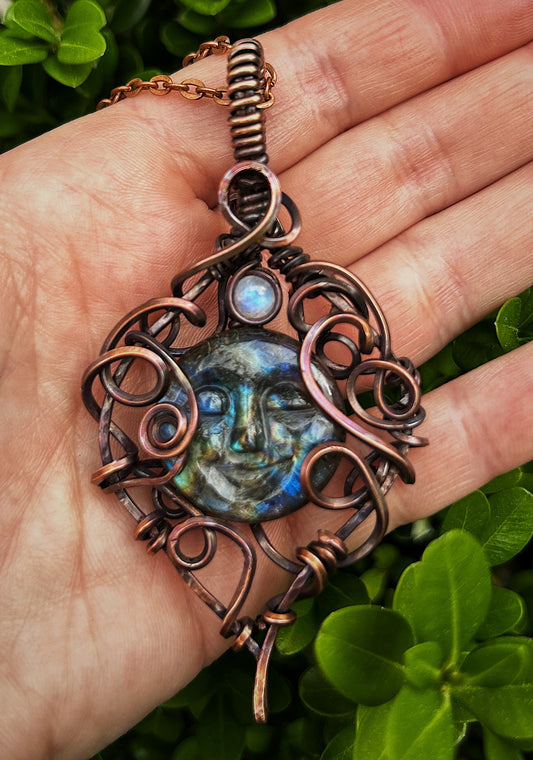 Labradorite Stone with Carved Face and Moonstone Accent