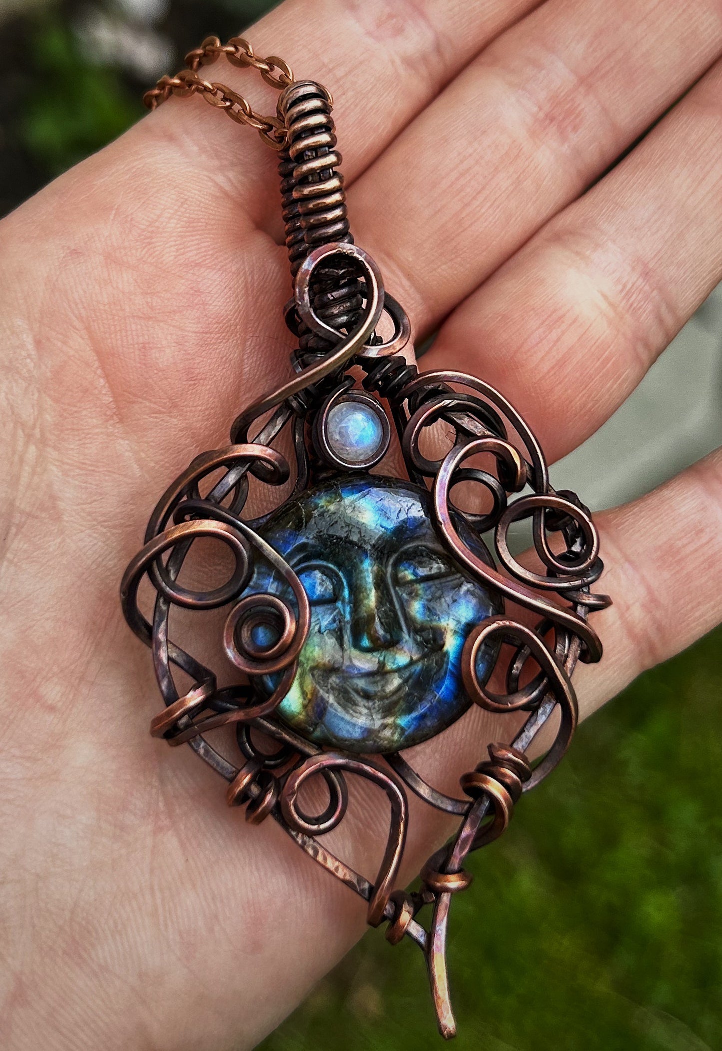 Labradorite Stone with Carved Face and Moonstone Accent