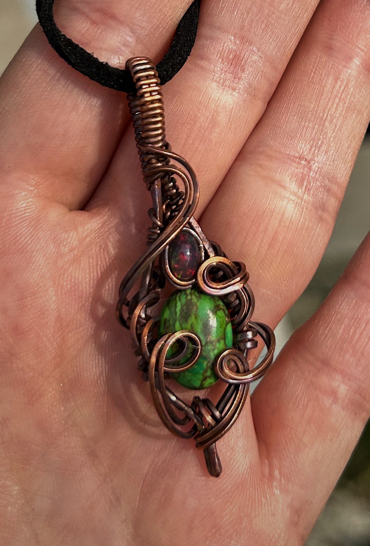 Mini Copper Green Turquoise Stone Pendant With Real Fire Opal Accent.