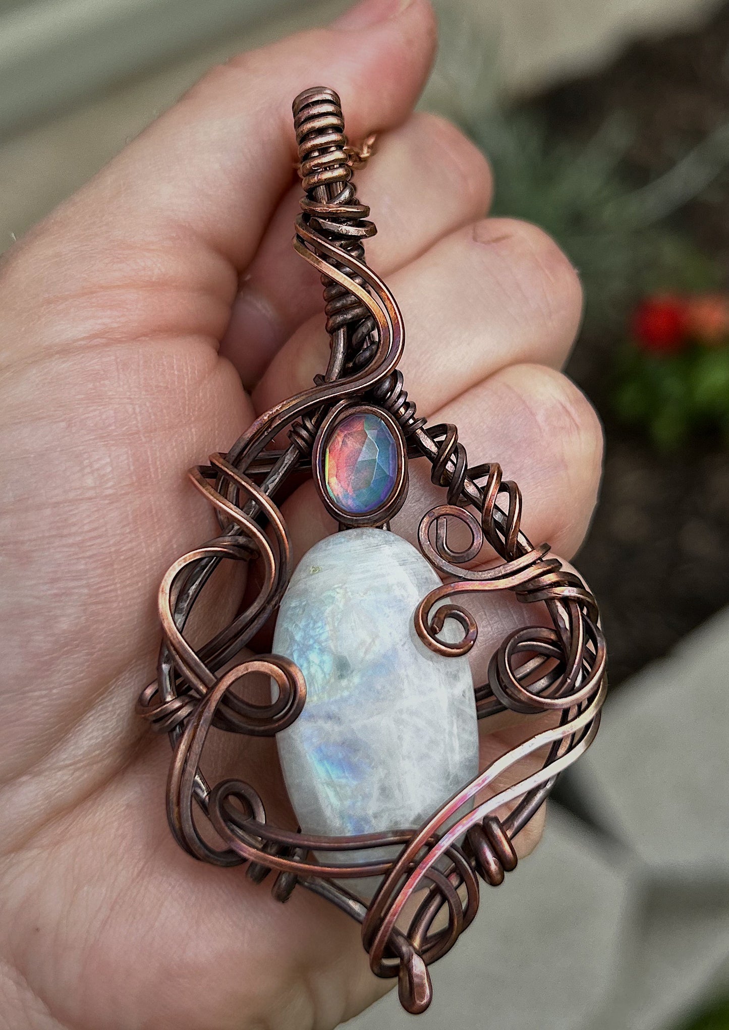 Rainbow Moonstone and Aurora Opal Copper Wire Pendant