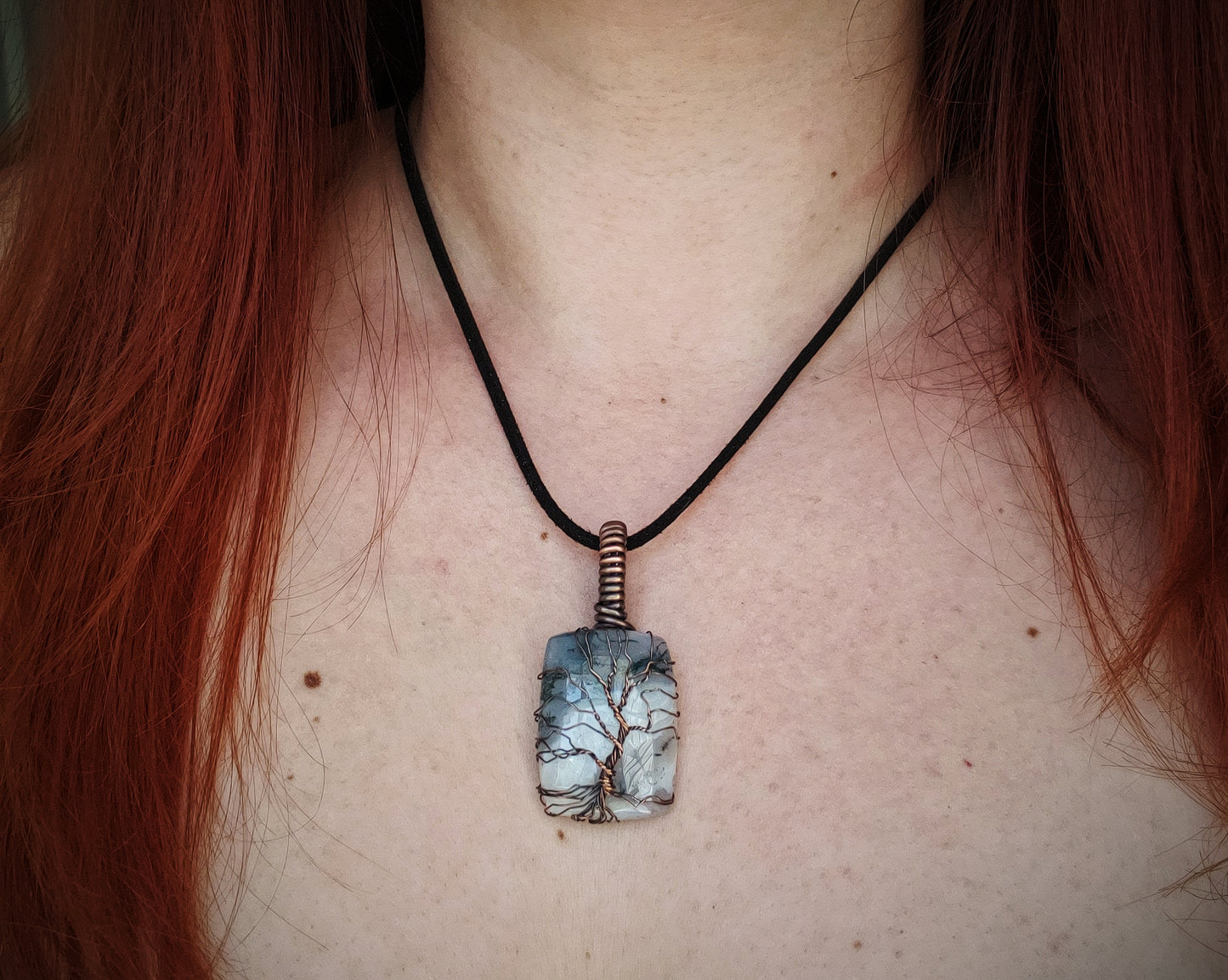 Tree Moss Agate Stone Pendant Wrapped in Copper Tree of Life