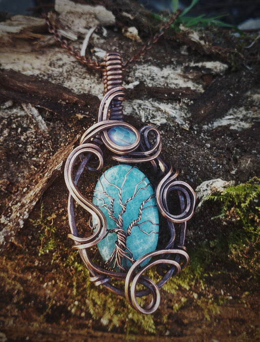 Oxidized Copper Wire Tree of Life Amazonite Stone Pendant With Aurora Opal Accent