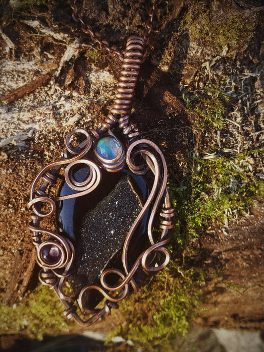 Black Druzy Stone Wrapped in Oxidized Copper and Accented with an Aurora opal and Amythest