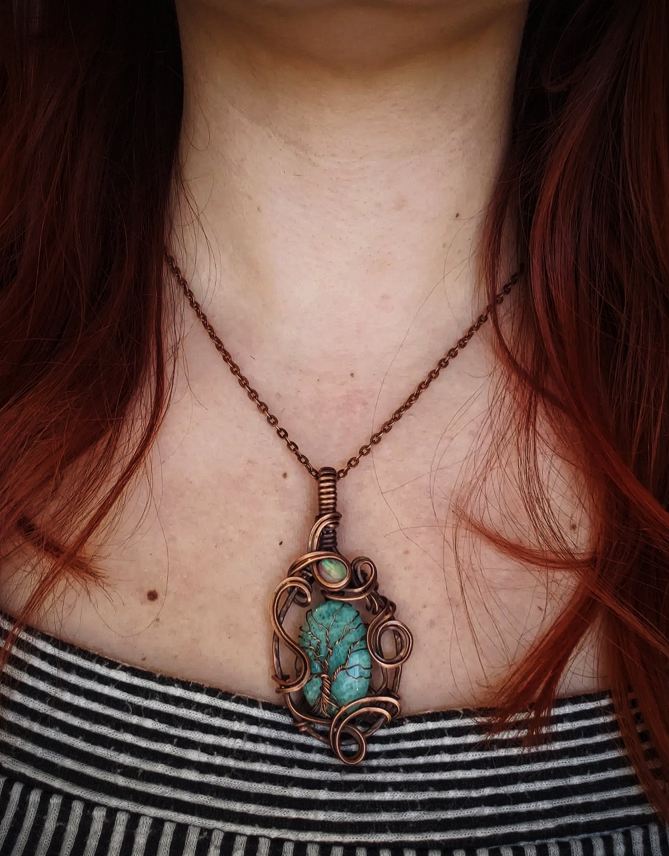 Oxidized Copper Wire Tree of Life Amazonite Stone Pendant With Aurora Opal Accent