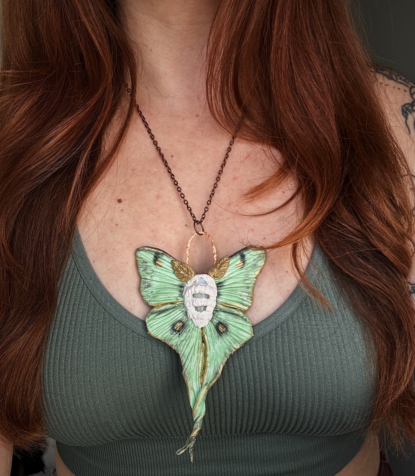 Luna moth hand sculpted clay pendant with selenite.