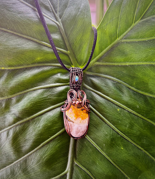 Antiqued copper bumblebee jasper and opal pendant