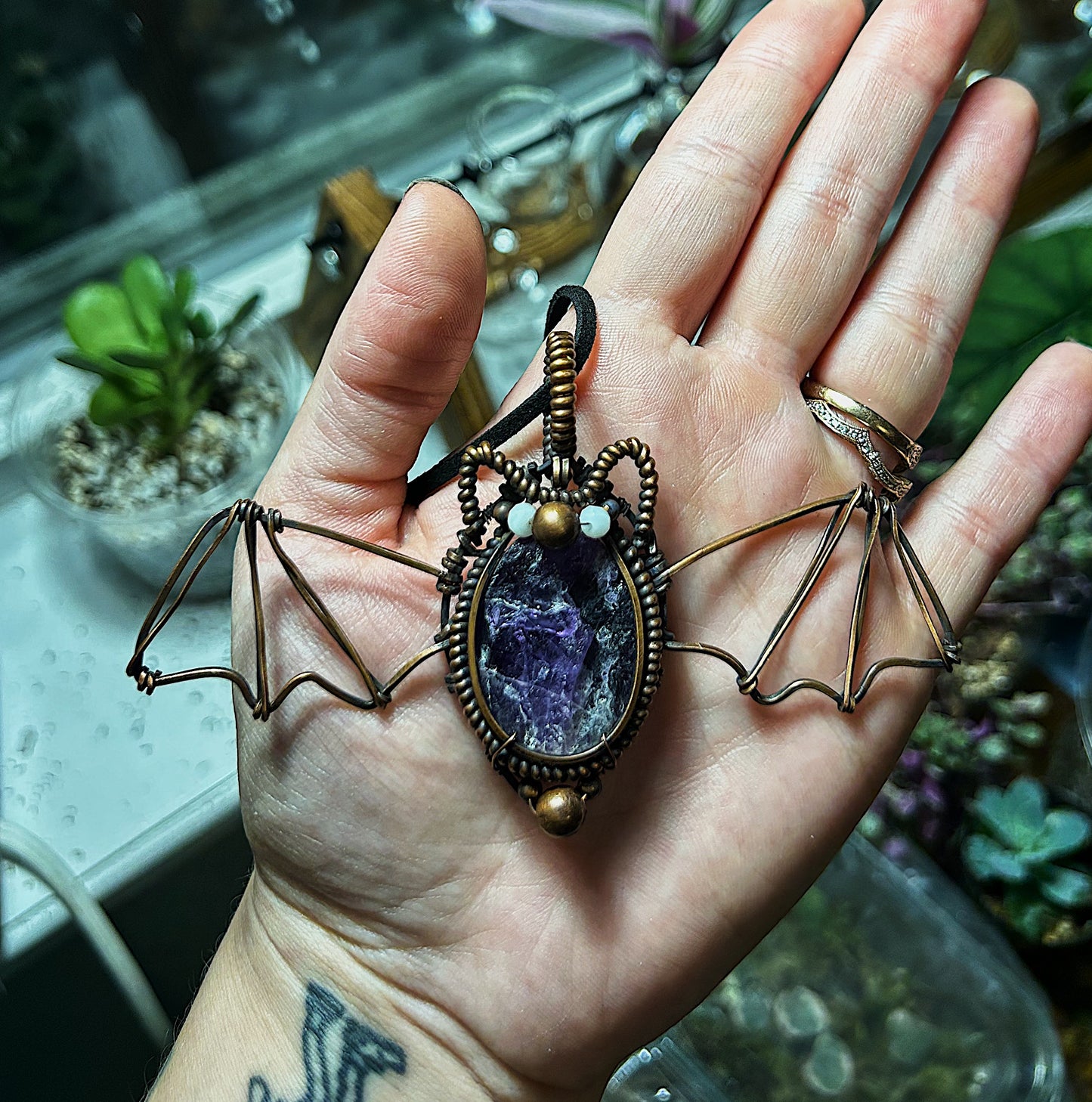 Large Bat Pendant Made from Oxidized Copper and Raw Amethyst Stone