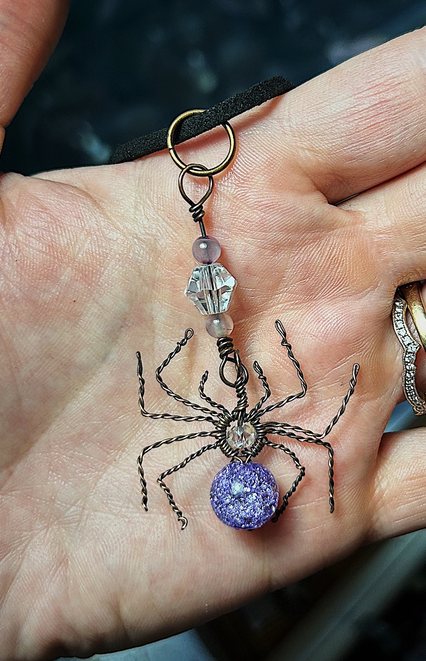 Dangle Spider Pendant With Glass and Amethyst beads