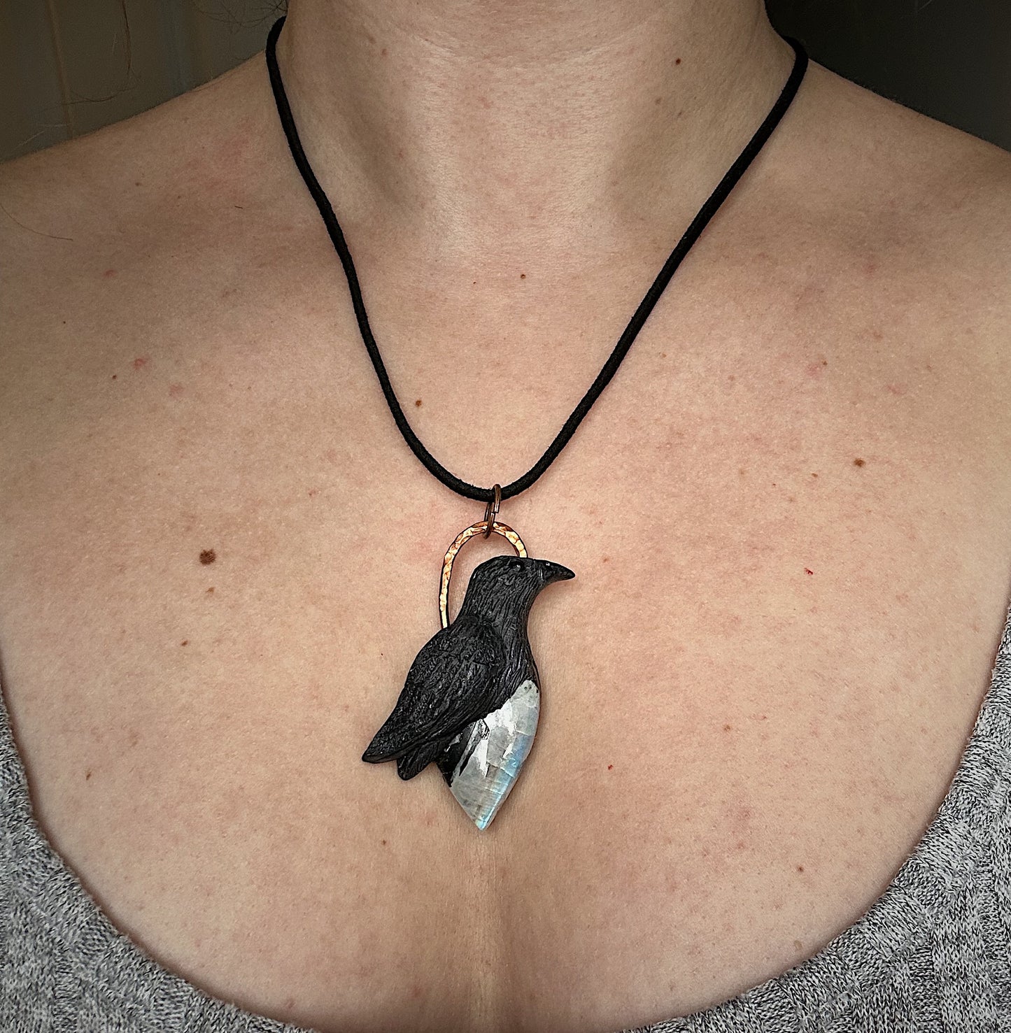 Hand sculpted raven and moonstone pendant 🐦‍⬛