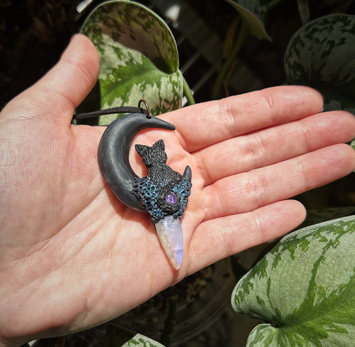 Hand sculpted cat and moon pendant with amethyst and moonstone 🐈‍⬛🌘