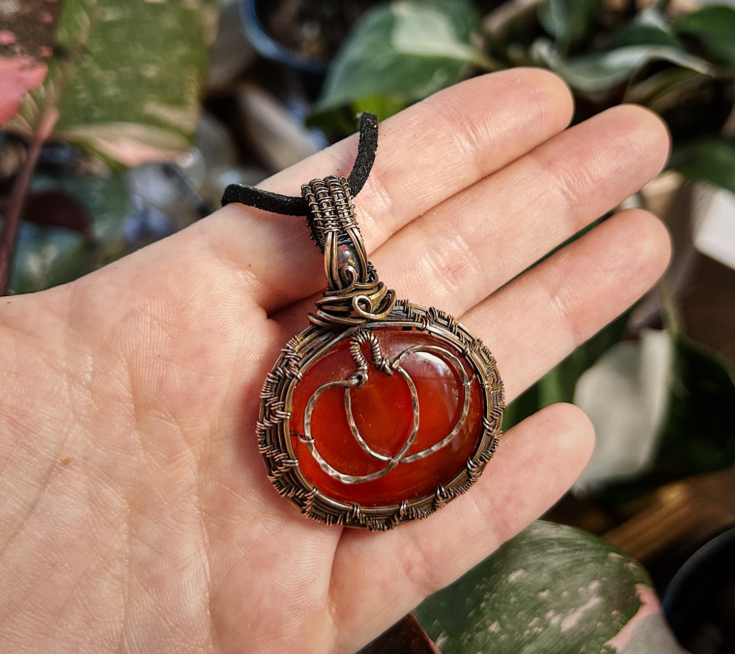 Copper pumpkin pendant with fire opal and red onyx stones