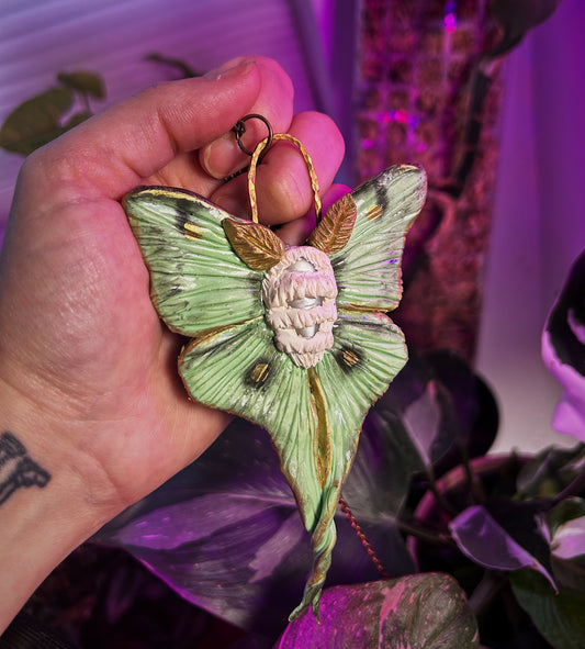 Luna moth hand sculpted clay pendant with selenite.