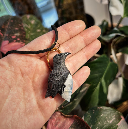 Hand sculpted raven and moonstone pendant 🐦‍⬛