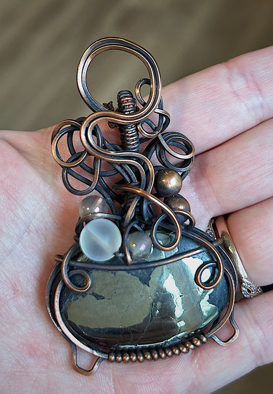 Pyrite Stone Witches’ Cauldron Pendant