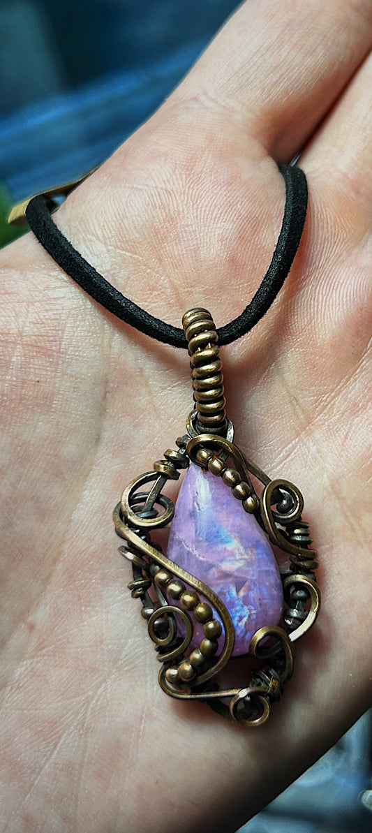 Dyed Moonstone Pendant Wrapped in Oxidized Copper