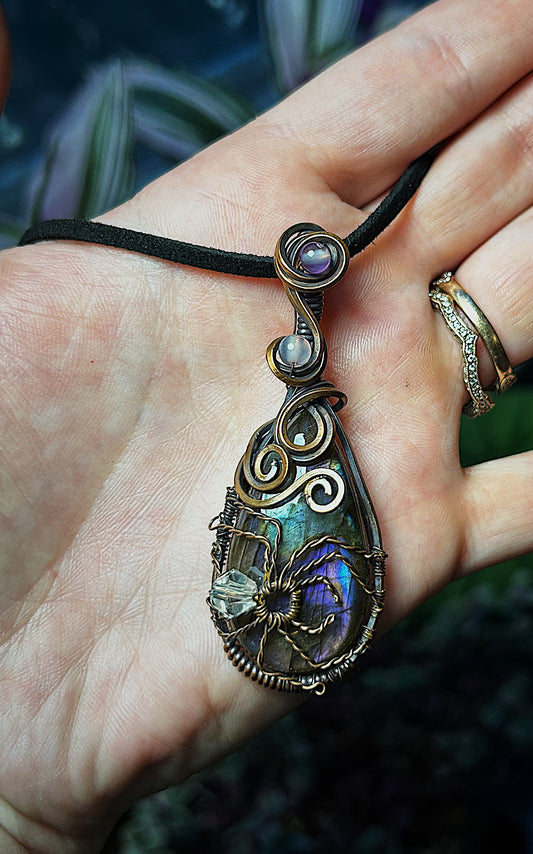 Purple labradorite stone spider pendant