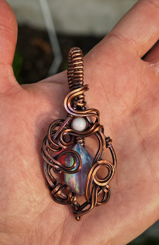 Aurora Opal Stone and Copper Pendant