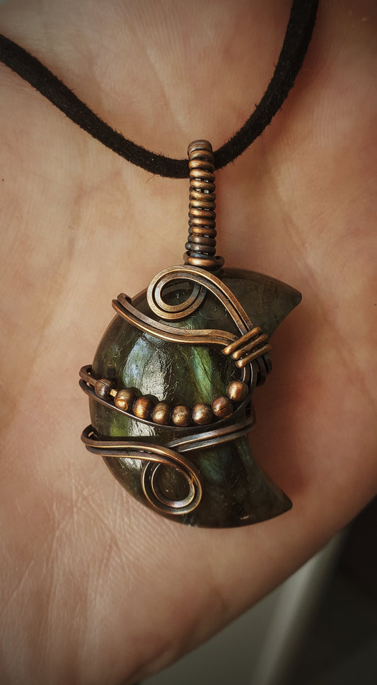 Moon Shaped Labradorite Stone Wrapped in Oxidized Copper and Copper Bead Accents