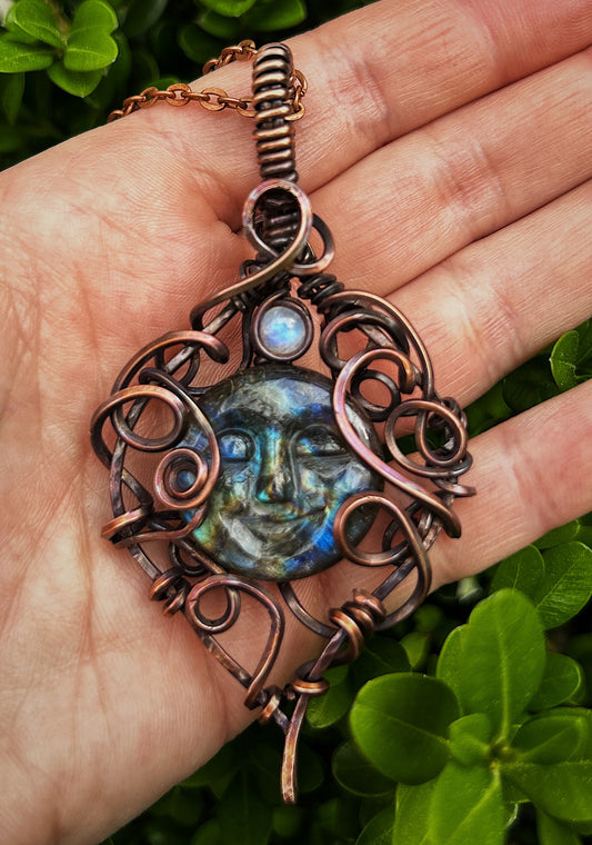 Labradorite Stone with Carved Face and Moonstone Accent