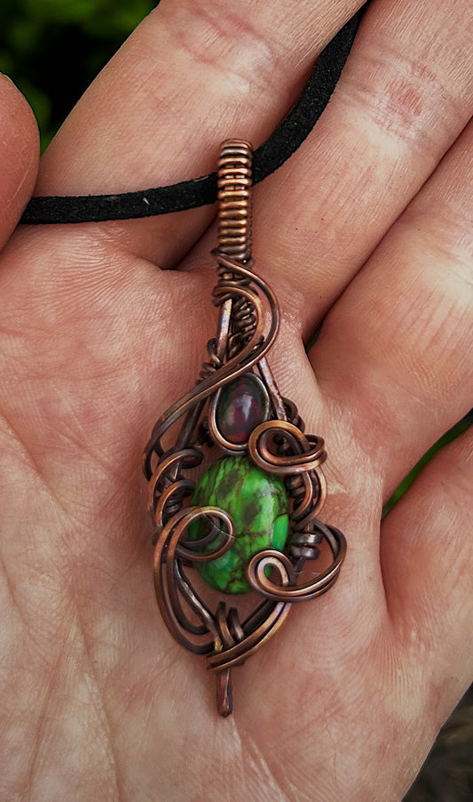 Mini Copper Green Turquoise Stone Pendant With Real Fire Opal Accent.