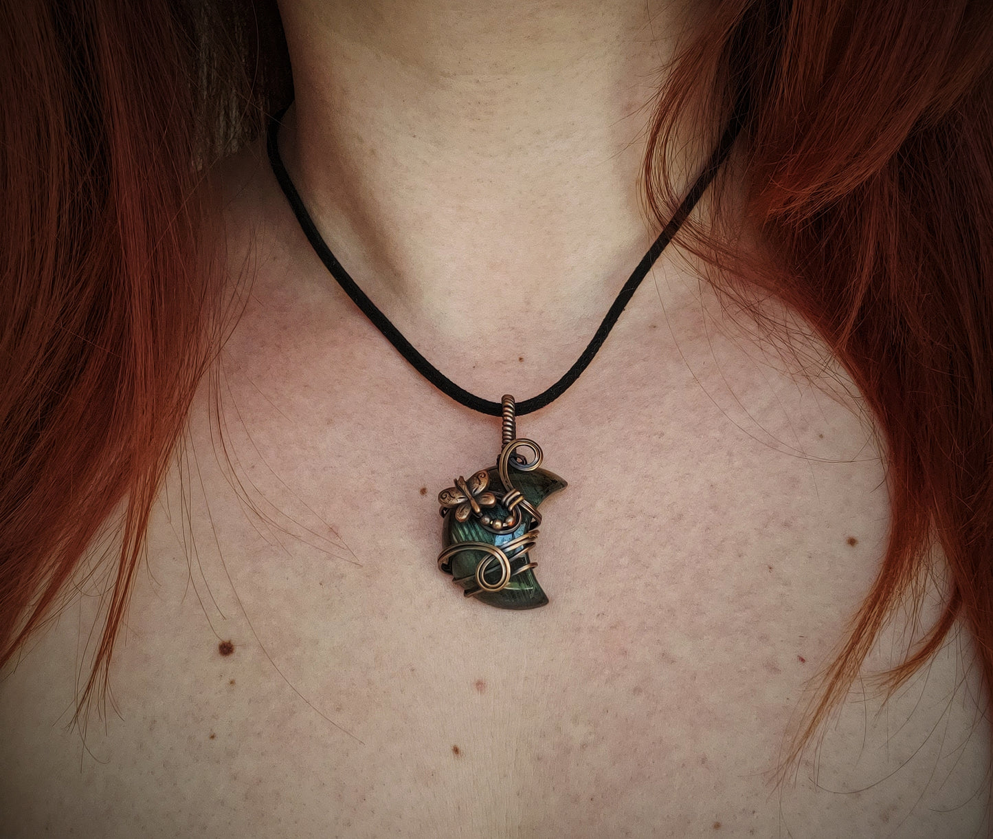 Mood Shaped Labradorite Stone Wrapped in Oxidized Copper with a Copper Butterly Bead