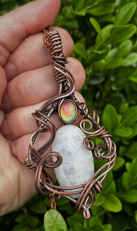 Rainbow Moonstone and Aurora Opal Copper Wire Pendant