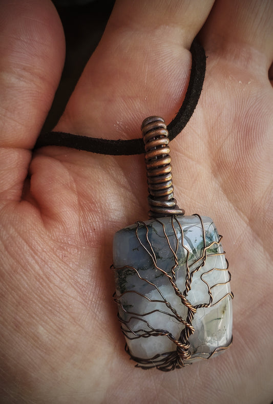 Tree Moss Agate Stone Pendant Wrapped in Copper Tree of Life