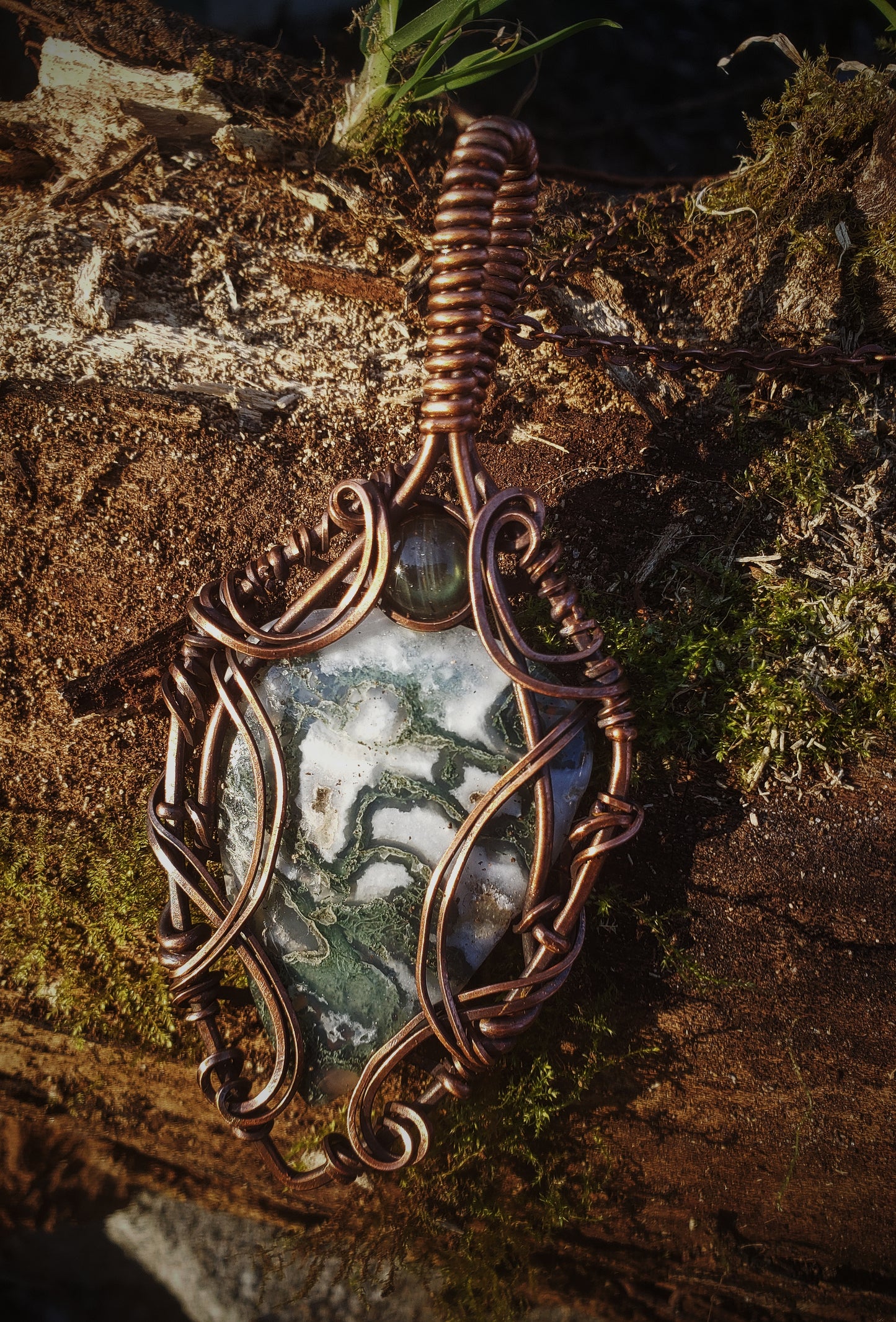 Tree Moss Agate Stone Pendant Wrapped with Oxidized Copper and Accented with a Green flash labradorite stone