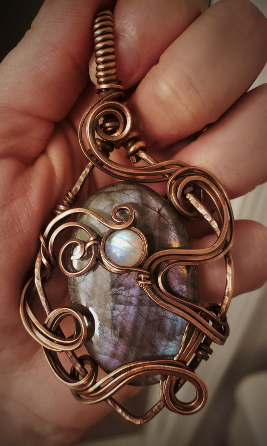 Large Purple Labadorite Pendant Wrapped in Oxidized Copper and Accented with a Moonstone