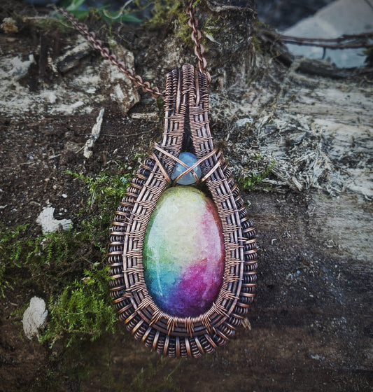 Rainbow Solar Quartz Pendant Wrapped in Oxidized Copper and Accented with a Moonstone