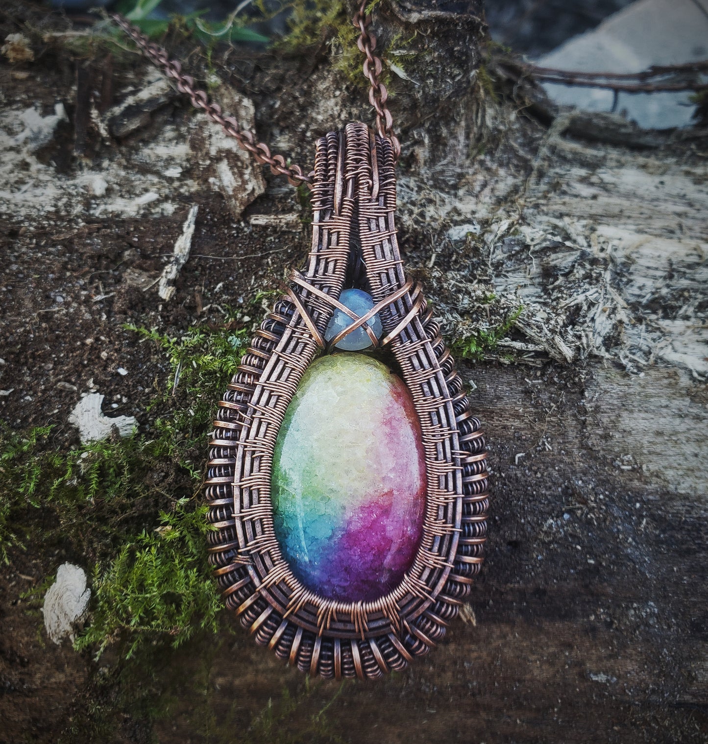 Rainbow Solar Quartz Pendant Wrapped in Oxidized Copper and Accented with a Moonstone